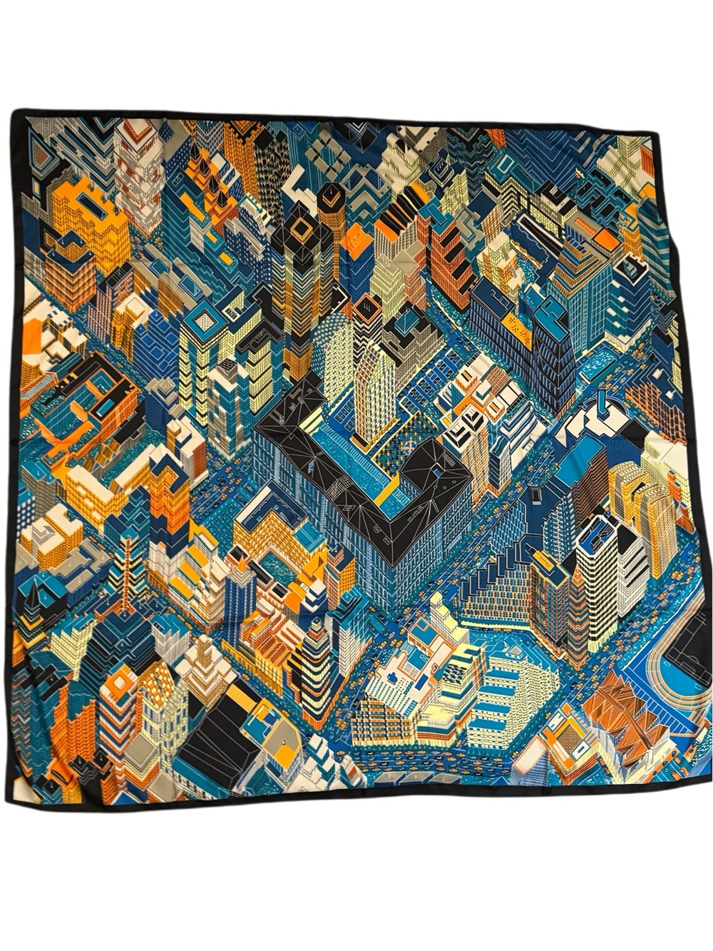 Designer-style 130cm Silk Geometric Cityscape Scarf in Blue & Orange